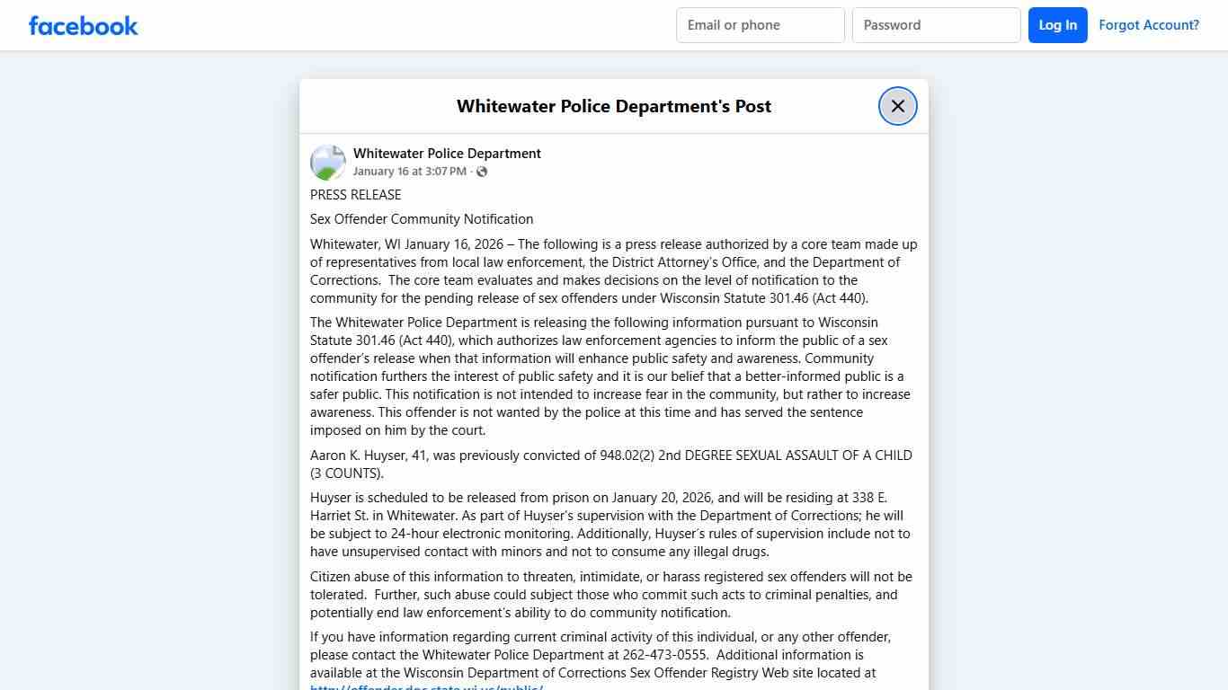 PRESS RELEASE Sex Offender... - Whitewater Police Department Facebook
